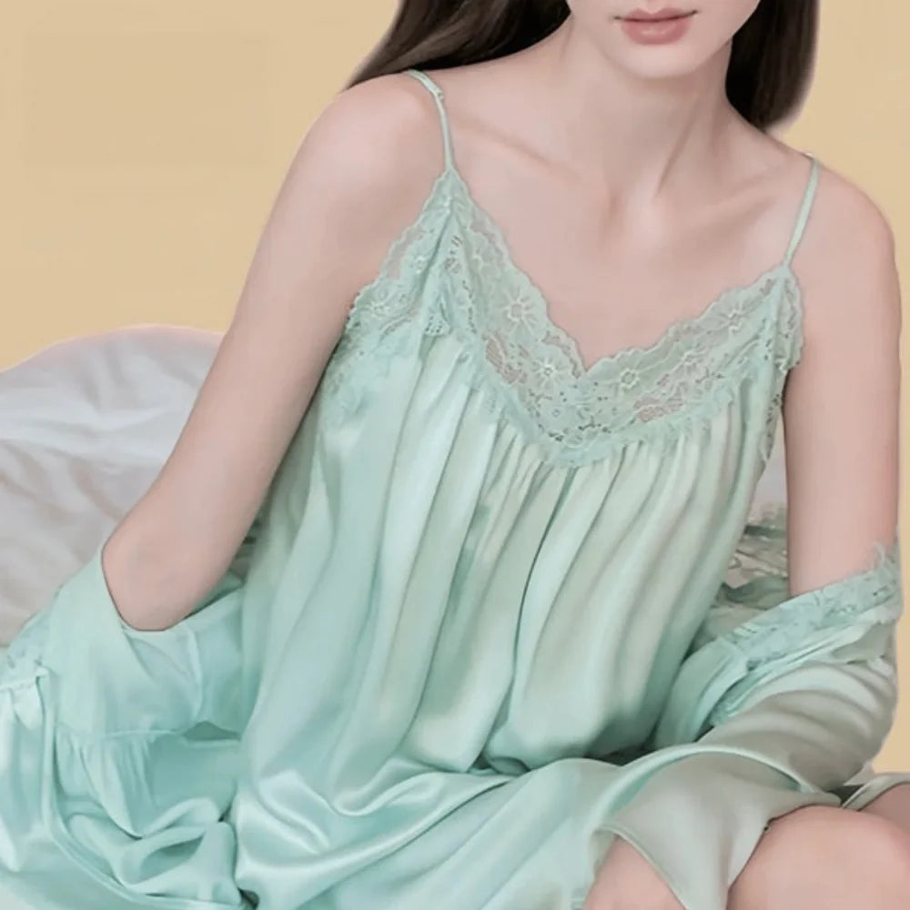 100% Mulberry Silk 19Momme V-Neck Midi Nightgown &amp; Robe with Lace Design