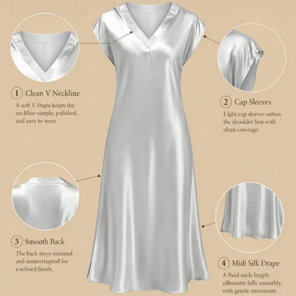 100% Mulberry Silk 19Momme V-Neck Midi Nightgown with Cap Sleeve