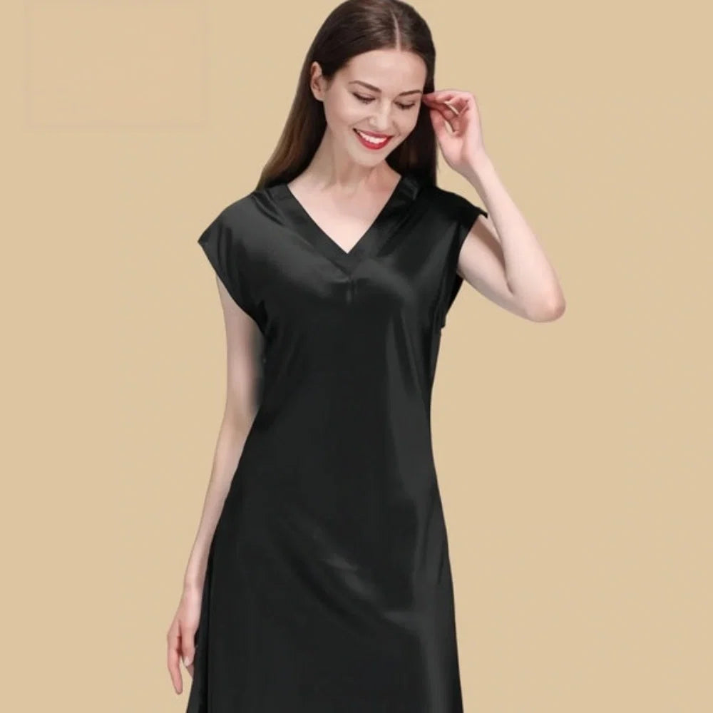100% Mulberry Silk 19Momme V-Neck Midi Nightgown with Cap Sleeve