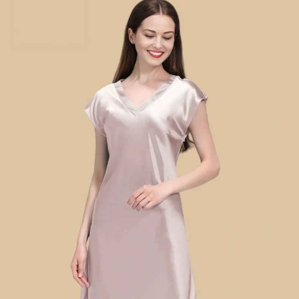 100% Mulberry Silk 19Momme V-Neck Midi Nightgown with Cap Sleeve