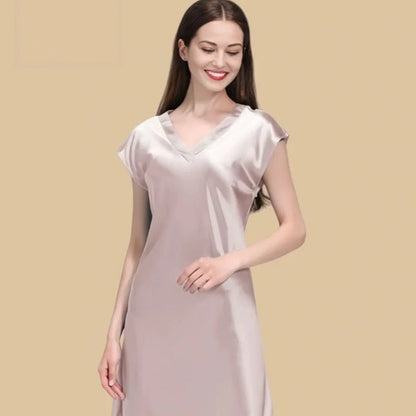 100% Mulberry Silk 19Momme V-Neck Midi Nightgown with Cap Sleeve