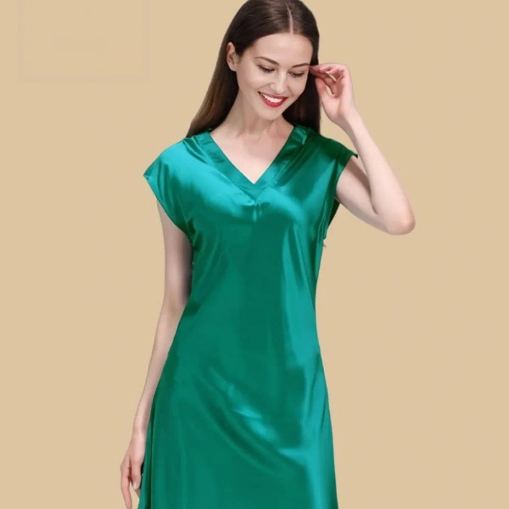 100% Mulberry Silk 19Momme V-Neck Midi Nightgown with Cap Sleeve