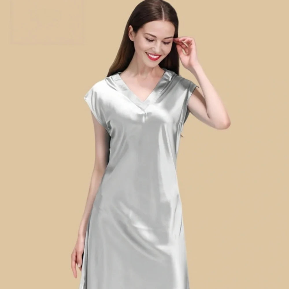 100% Mulberry Silk 19Momme V-Neck Midi Nightgown with Cap Sleeve