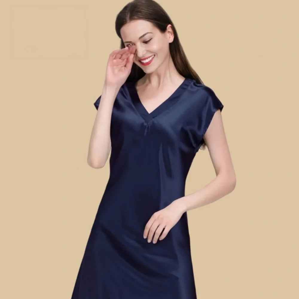 100% Mulberry Silk 19Momme V-Neck Midi Nightgown with Cap Sleeve
