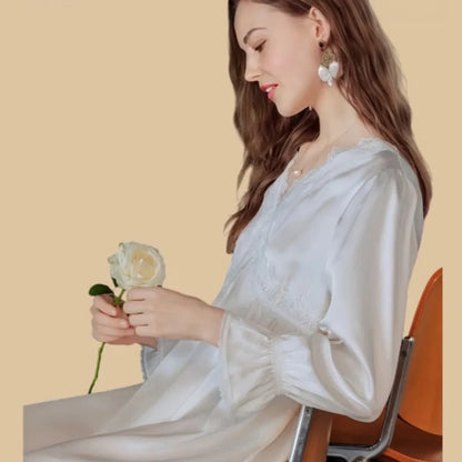 100% Mulberry Silk 19Momme V-Neck Midi Nightgown with Lace Trim and Flared Cuffs