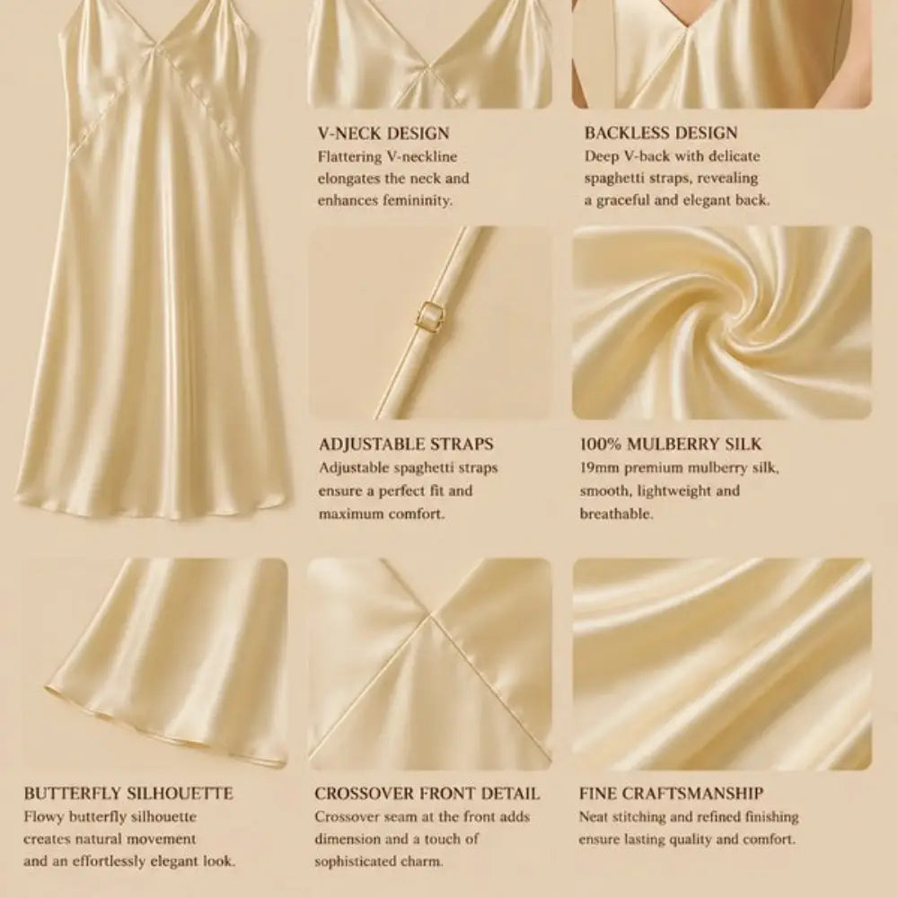 100% Mulberry Silk 19Momme V-Neck Spaghetti Strap Midi Nightgown with Backless Design