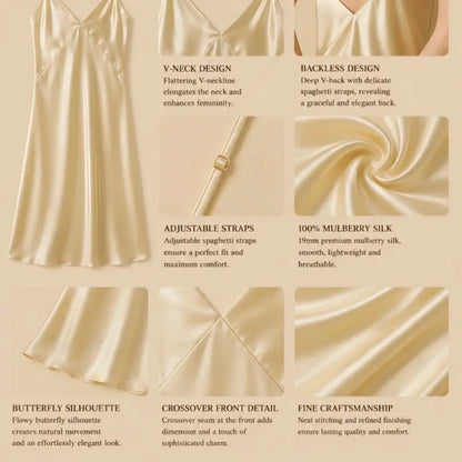 100% Mulberry Silk 19Momme V-Neck Spaghetti Strap Midi Nightgown with Backless Design