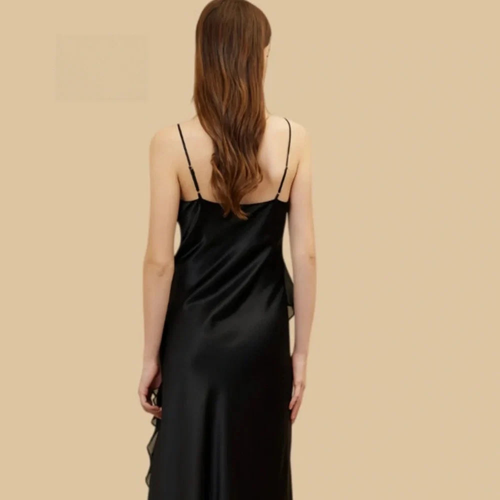 100% Mulberry Silk 19Momme V-Neck Spaghetti Strap Nightgown with Cascading Side Ruffle