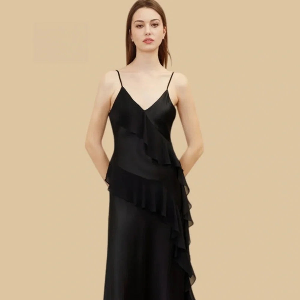 100% Mulberry Silk 19Momme V-Neck Spaghetti Strap Nightgown with Cascading Side Ruffle