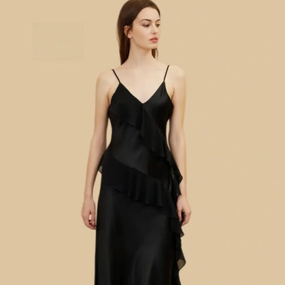 100% Mulberry Silk 19Momme V-Neck Spaghetti Strap Nightgown with Cascading Side Ruffle