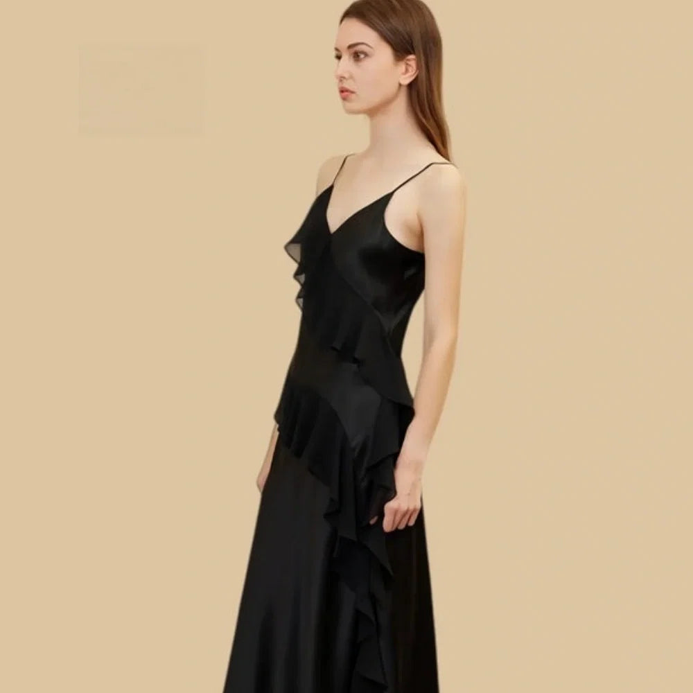 100% Mulberry Silk 19Momme V-Neck Spaghetti Strap Nightgown with Cascading Side Ruffle