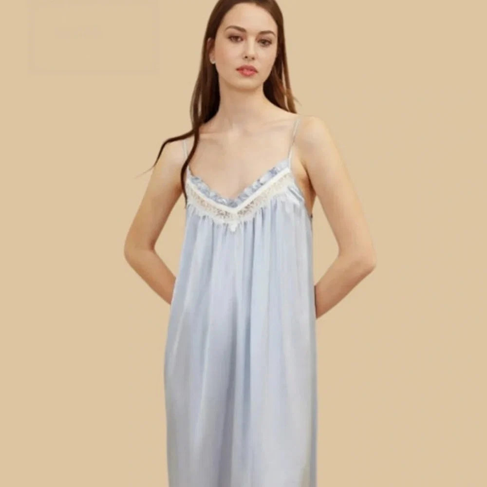 100% Mulberry Silk 19Momme V Neck Spaghetti Strap Nightgown with Lace Trim
