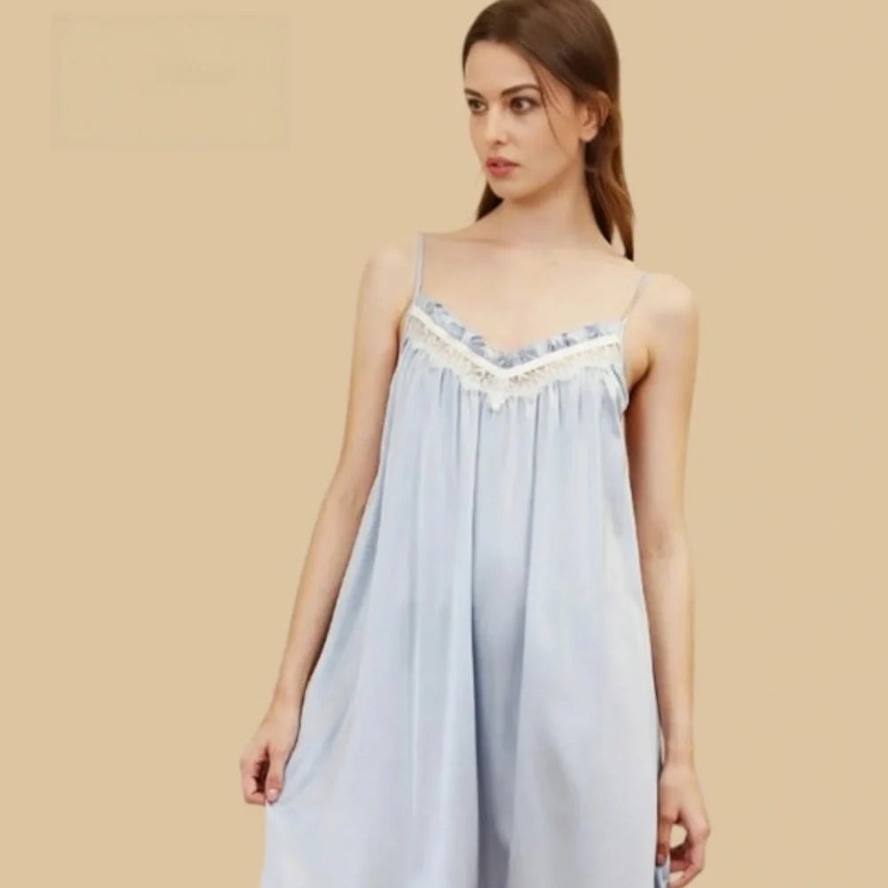 100% Mulberry Silk 19Momme V Neck Spaghetti Strap Nightgown with Lace Trim