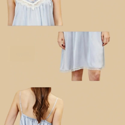 100% Mulberry Silk 19Momme V Neck Spaghetti Strap Nightgown with Lace Trim