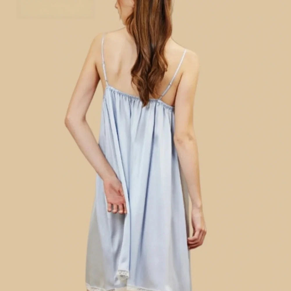 100% Mulberry Silk 19Momme V Neck Spaghetti Strap Nightgown with Lace Trim