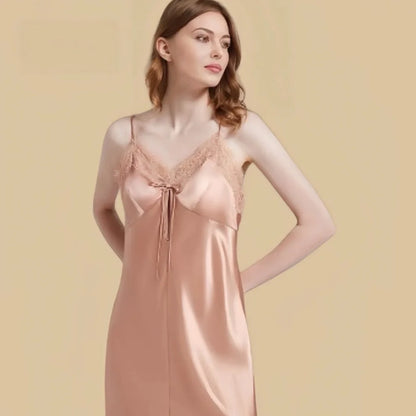 100% Mulberry Silk 19Momme V-Neck Spaghetti Strap Nightgown with Lace and Tie Design