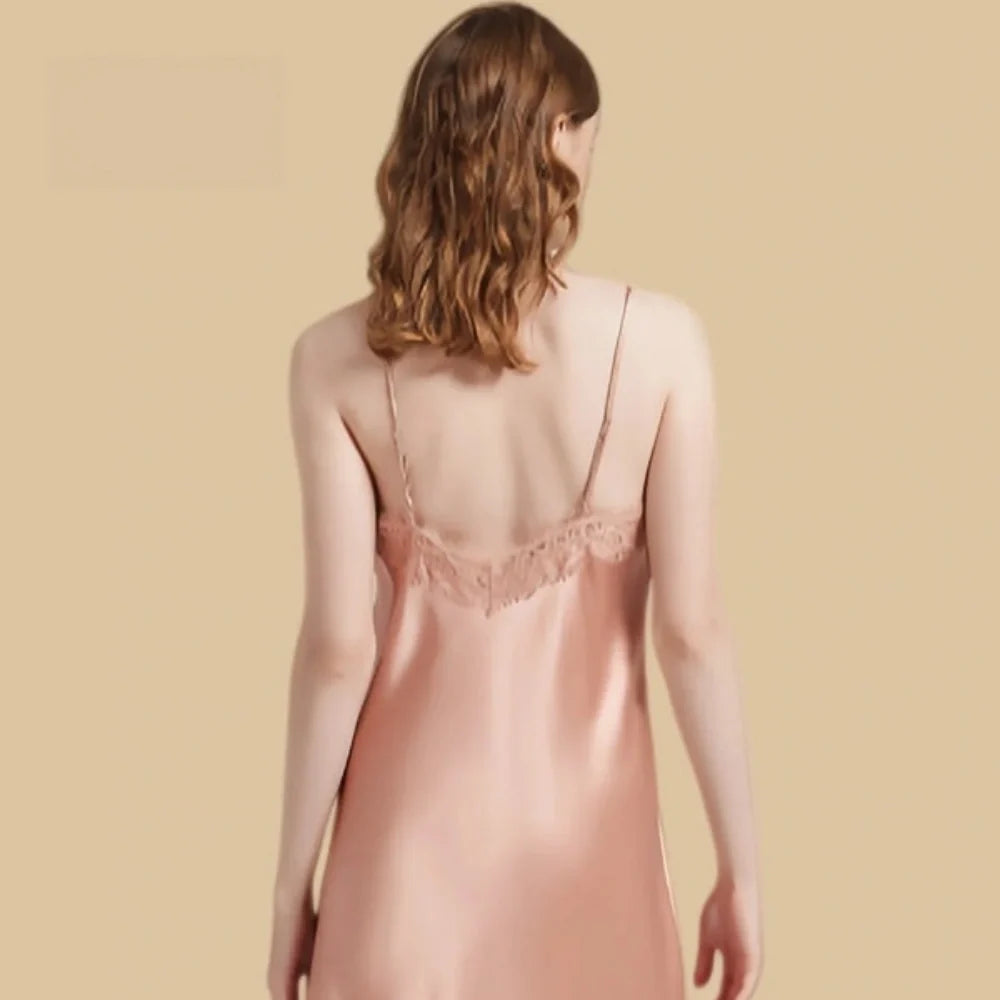 100% Mulberry Silk 19Momme V-Neck Spaghetti Strap Nightgown with Lace and Tie Design