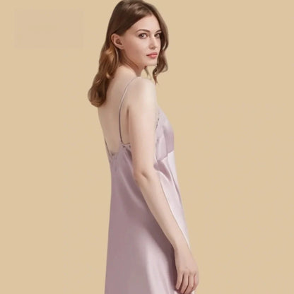 100% Mulberry Silk 19Momme V-Neck Spaghetti Strap Nightgown with Lace and Tie Design