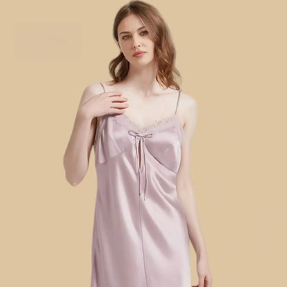 100% Mulberry Silk 19Momme V-Neck Spaghetti Strap Nightgown with Lace and Tie Design