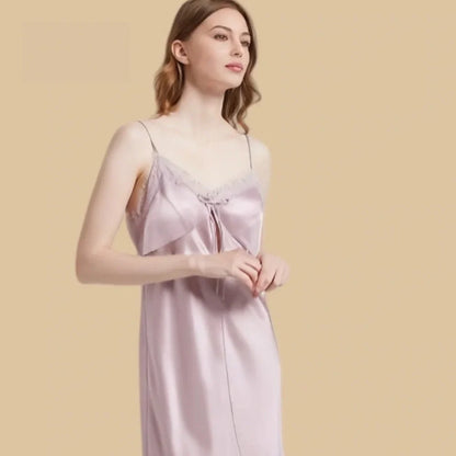 100% Mulberry Silk 19Momme V-Neck Spaghetti Strap Nightgown with Lace and Tie Design