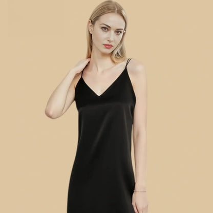 100% Mulberry Silk 19Momme V-Neck Spaghetti Strap Nightgown with Peacock Lace Hem Design