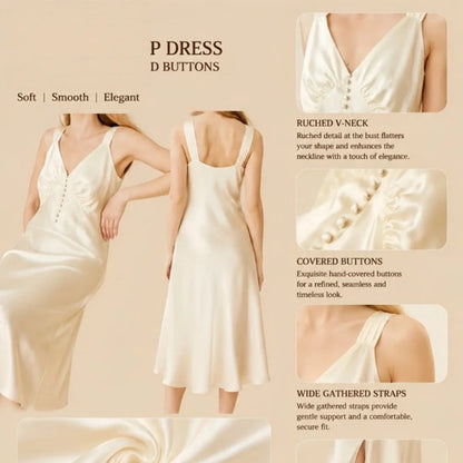 100% Mulberry Silk 19Momme V-Neck Stap Nightgown with Front Slit Design