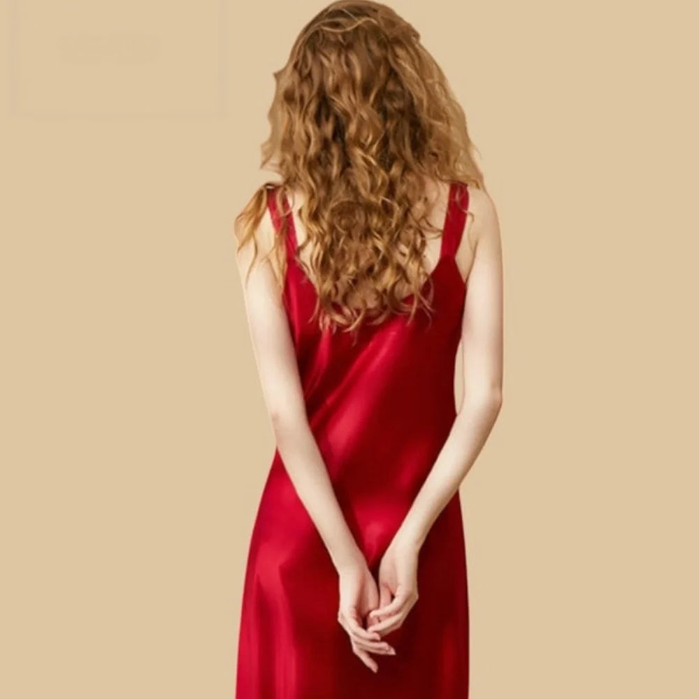100% Mulberry Silk 19Momme V-Neck Stap Nightgown with Front Slit Design