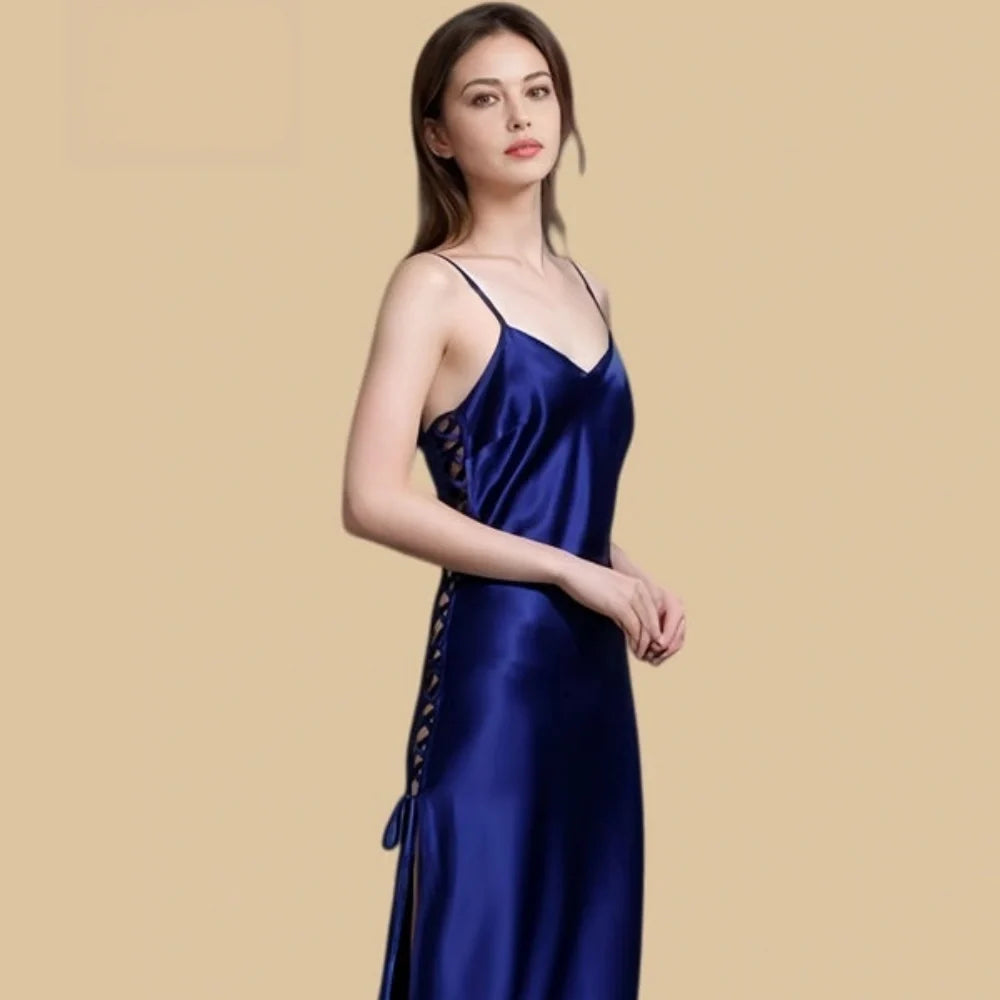 100% Mulberry Silk 19Momme V-neck Spaghetti Strap Midi Nightgown with High Slit Design