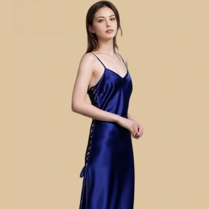 100% Mulberry Silk 19Momme V-neck Spaghetti Strap Midi Nightgown with High Slit Design
