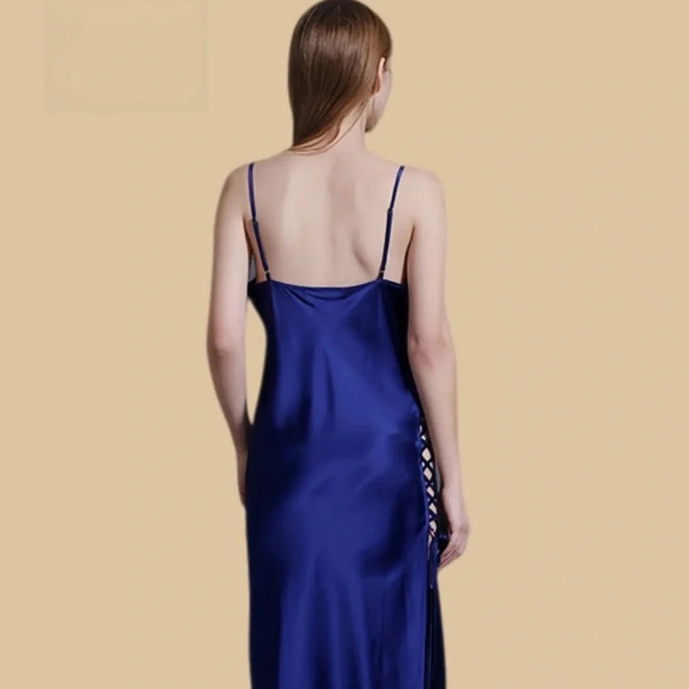 100% Mulberry Silk 19Momme V-neck Spaghetti Strap Midi Nightgown with High Slit Design