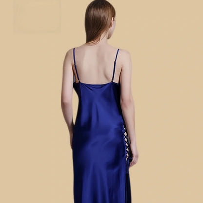 100% Mulberry Silk 19Momme V-neck Spaghetti Strap Midi Nightgown with High Slit Design