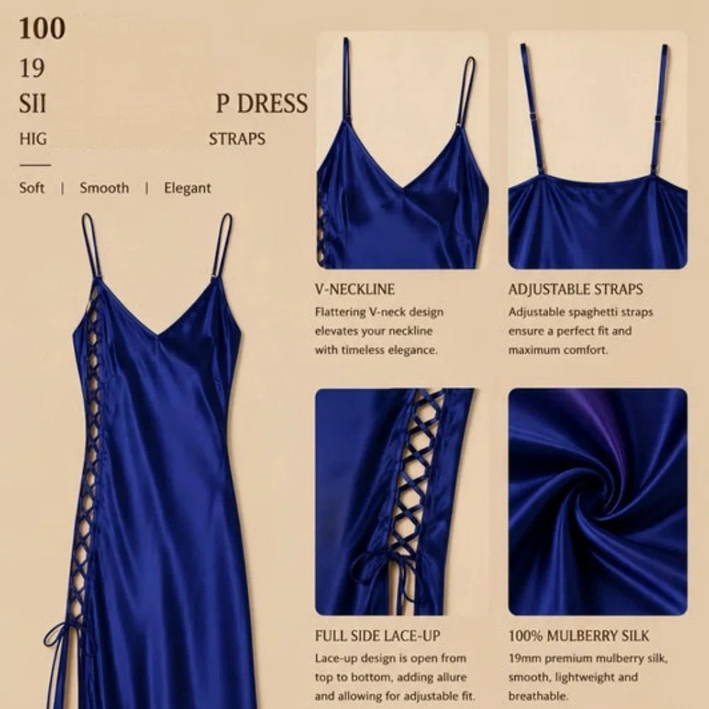 100% Mulberry Silk 19Momme V-neck Spaghetti Strap Midi Nightgown with High Slit Design