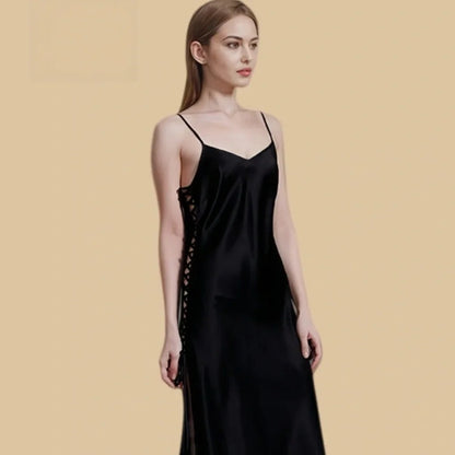 100% Mulberry Silk 19Momme V-neck Spaghetti Strap Midi Nightgown with High Slit Design