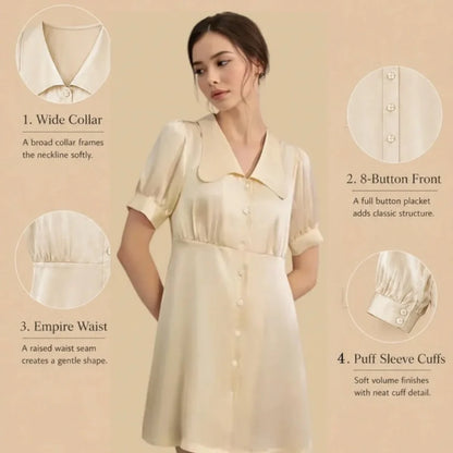 100% Mulberry Silk 19Momme Wide Collar Short Nightgown with Empire Waist