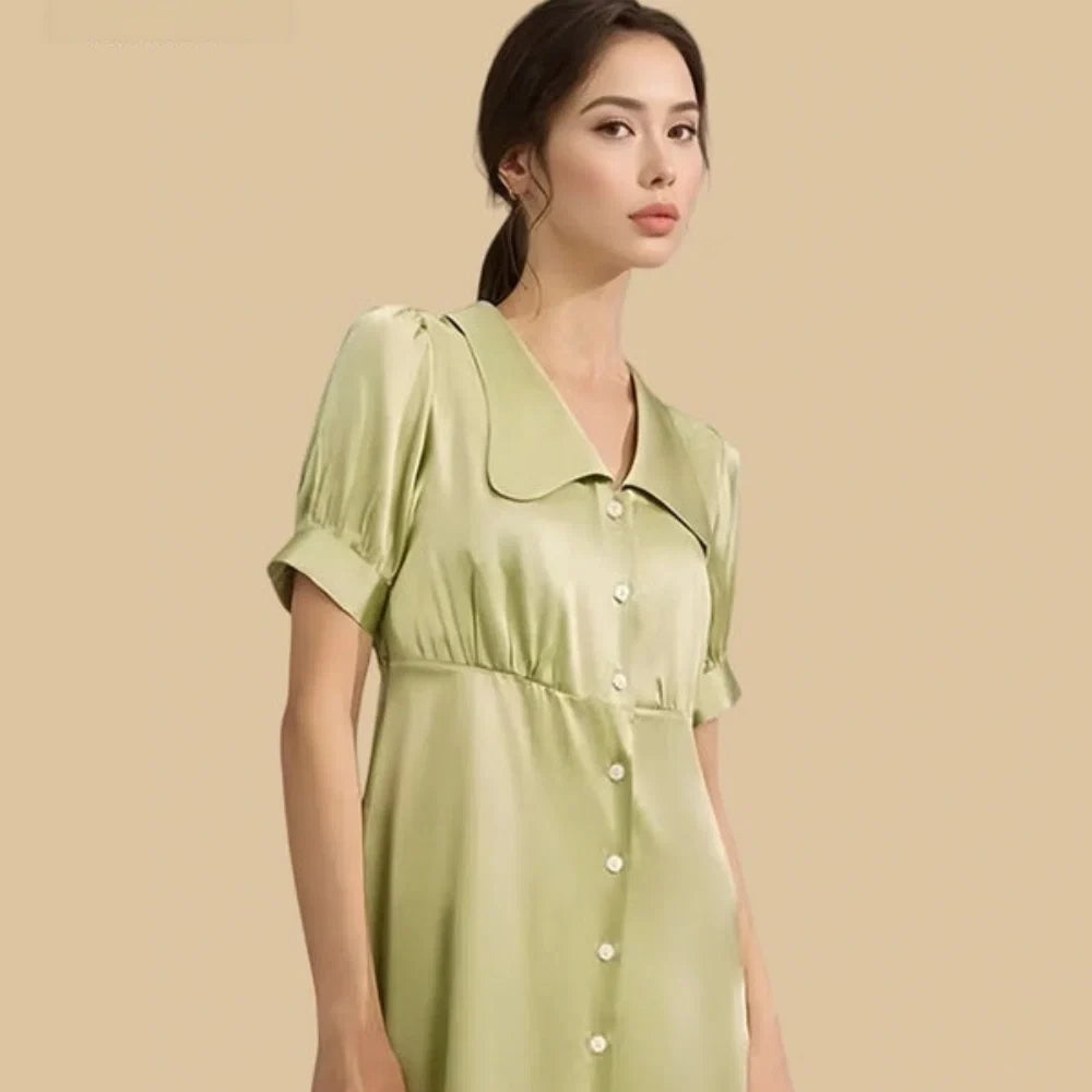 100% Mulberry Silk 19Momme Wide Collar Short Nightgown with Empire Waist