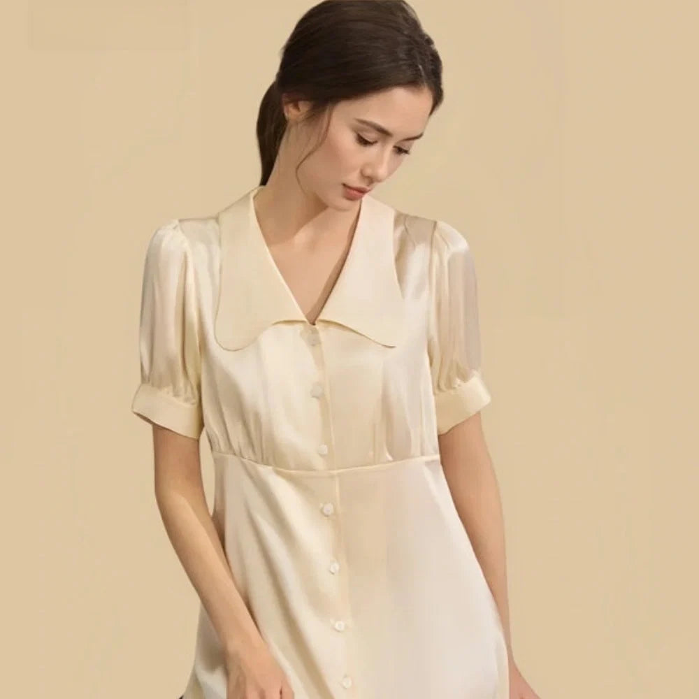 100% Mulberry Silk 19Momme Wide Collar Short Nightgown with Empire Waist