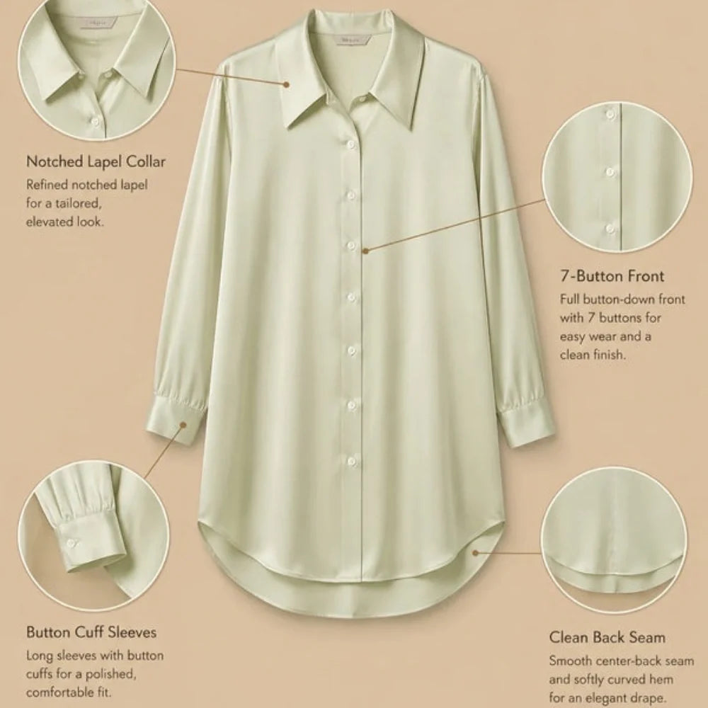100% Mulberry Silk 19Momme Women Button Up Nightshirt with High-Low Hem
