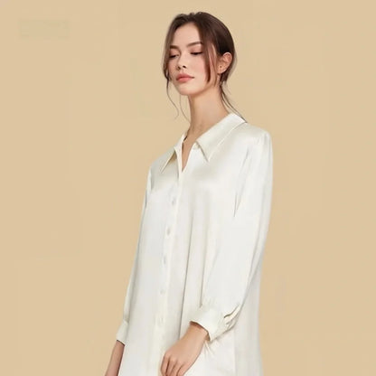 100% Mulberry Silk 19Momme Women Button Up Nightshirt with High-Low Hem