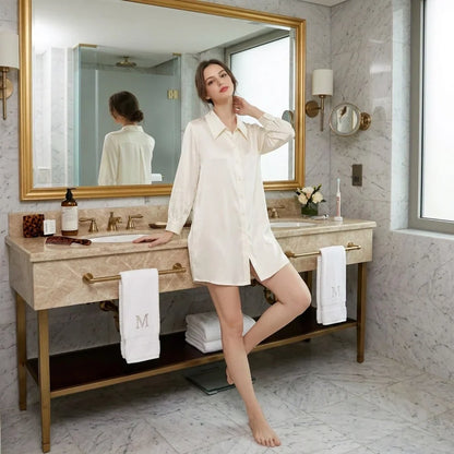 100% Mulberry Silk 19Momme Women Button Up Nightshirt with High-Low Hem