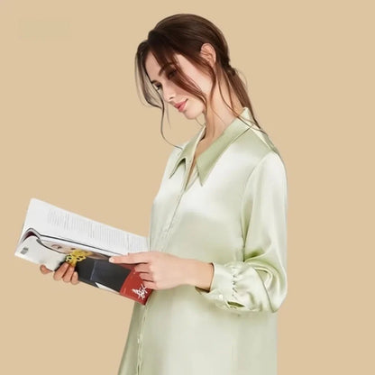 100% Mulberry Silk 19Momme Women Button Up Nightshirt with High-Low Hem