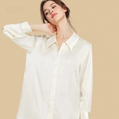 100% Mulberry Silk 19Momme Women Button Up Nightshirt with High-Low Hem