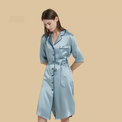100% Mulberry Silk 19Momme Women Mid-length Sleeve Nightshirt with Side Slit Hem