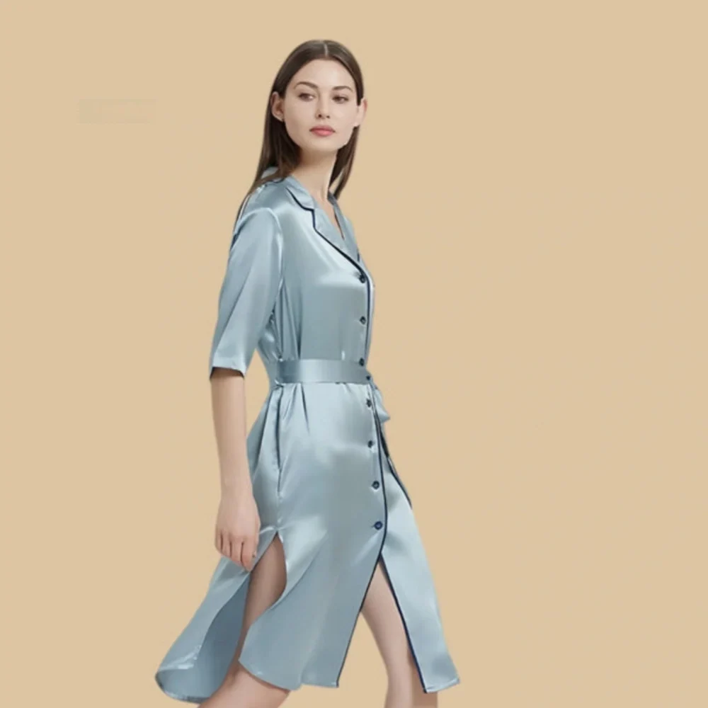 100% Mulberry Silk 19Momme Women Mid-length Sleeve Nightshirt with Side Slit Hem