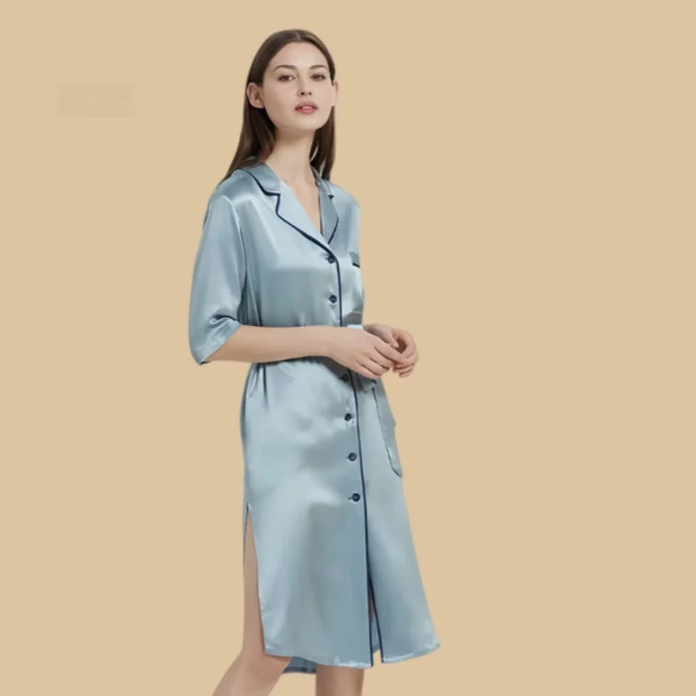 100% Mulberry Silk 19Momme Women Mid-length Sleeve Nightshirt with Side Slit Hem