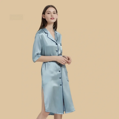 100% Mulberry Silk 19Momme Women Mid-length Sleeve Nightshirt with Side Slit Hem