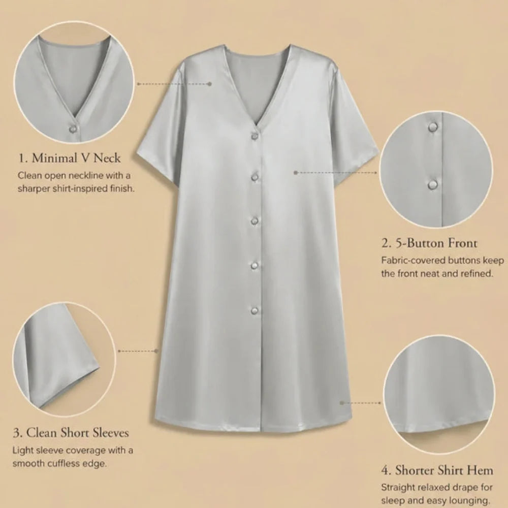 100% Mulberry Silk 19Momme Women V-Neck Short Nightshirt
