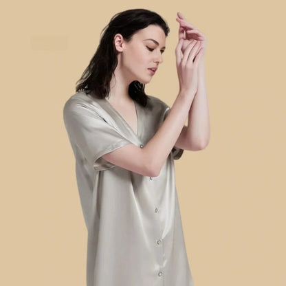 100% Mulberry Silk 19Momme Women V-Neck Short Nightshirt