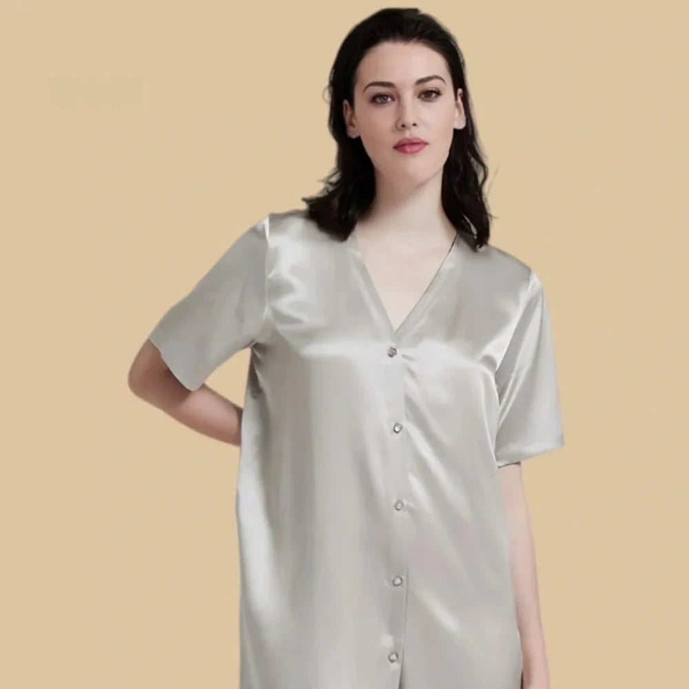 100% Mulberry Silk 19Momme Women V-Neck Short Nightshirt
