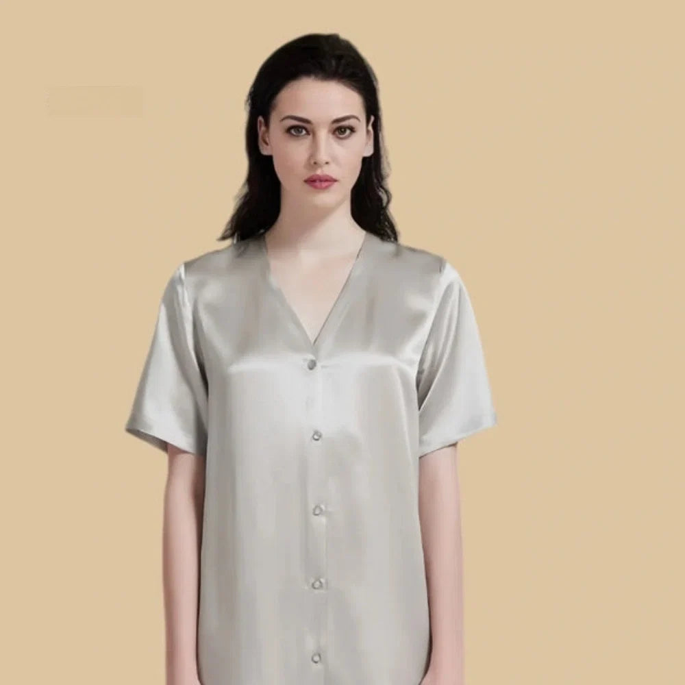 100% Mulberry Silk 19Momme Women V-Neck Short Nightshirt