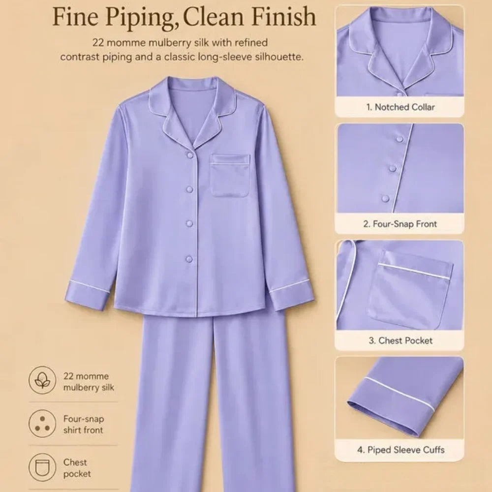 100% Mulberry Silk 22Momme Lapel Collar Long-Sleeve Button Up Women&